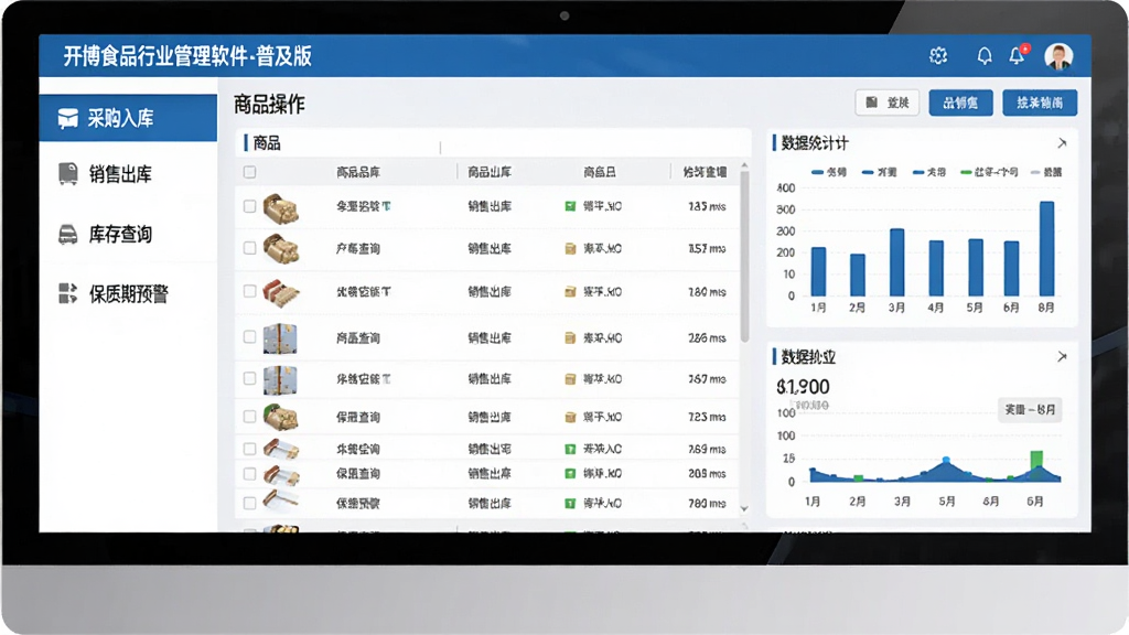 主画面展示开博食品行业管理软件-普及版的操作界面,左侧功能菜单包含采购入库、销售出库、库存查询、保质期预警等模块,中央为商品列表与数据统计图表,整体布局简洁,风格现代商务,色彩以蓝色和白色为主,画面干净,细节丰富,高画质,无多余元素