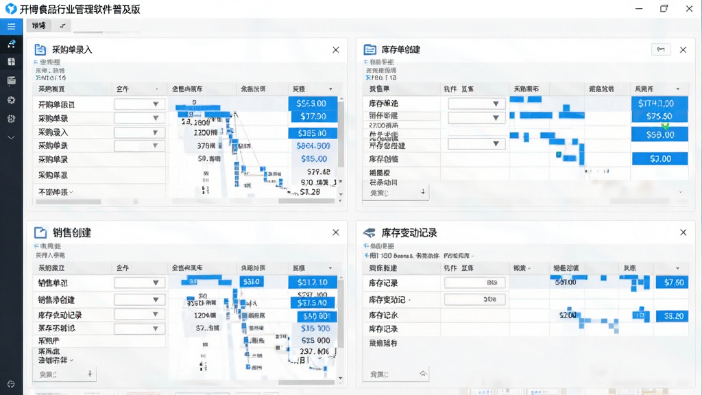 展示开博食品行业管理软件-普及版的进销存流程界面,包括采购单录入、销售单创建、库存变动记录等页面截图,布局规整,表格数据清晰,风格简约商务,蓝色高亮重点数据,高画质,细节丰富,干净无多余元素