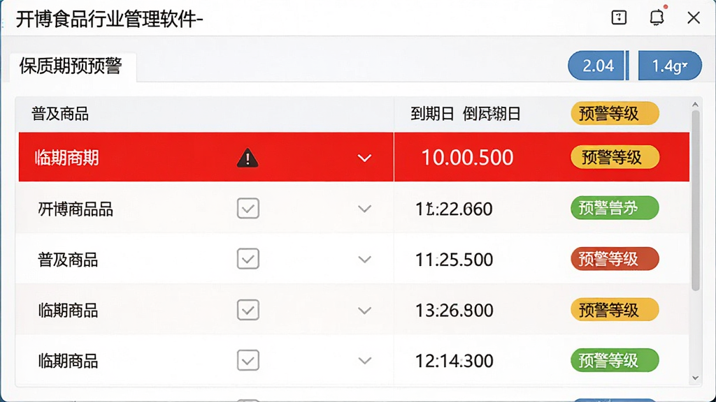 展示开博食品行业管理软件-普及版的保质期预警界面,列表中标红显示临期商品,配有到期日倒计时和预警等级标签,界面清晰,警示色醒目,风格简洁商务,高画质,细节丰富,无多余元素