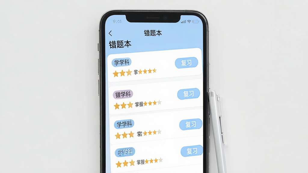 学易答错题本界面,手机屏幕显示错题列表,每道题有学科标签和掌握程度星级,旁边有“复习”按钮,背景浅蓝色,简约风格,细节有“错题本”标题,画质干净清晰,无多余元素