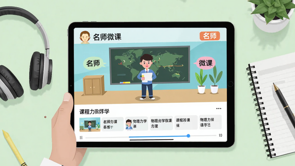 学易答APP名师微课页面,平板电脑上播放物理力学动画课程,屏幕下方有课程列表和进度条,周围有耳机和笔记本,背景淡绿色,扁平化设计,细节有“名师”“微课”字样,画质干净整洁,无多余元素