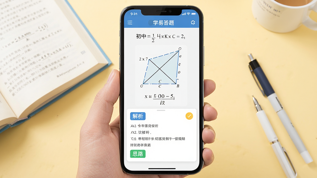 学易答APP拍照搜题功能展示,手机屏幕显示一道初中数学几何题,下方出现答案解析卡片,周围有书本和笔,背景浅黄色,居中构图,写实风格,细节有“解析”“思路”标签,画质干净明亮,无多余元素