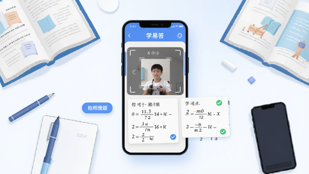 画面主体为“学易答”APP界面悬浮在干净书桌上方,周围有课本、文具和手机,界面显示数学题拍照搜索场景,左侧有“拍照搜题”按钮和题目解析卡片,背景为淡蓝色渐变,布局居中,扁平化插画风格,细节包含公式、对勾图标,画质清晰干净,无多余元素