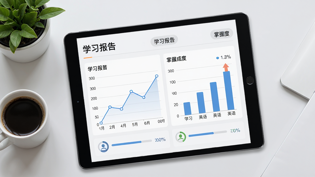 学易答学习报告页面,平板显示折线图和柱状图,展示数学和英语成绩变化,周围有咖啡杯和绿植,背景浅灰色,商务风格,细节有“学习报告”“掌握度”字样,画质干净无多余元素