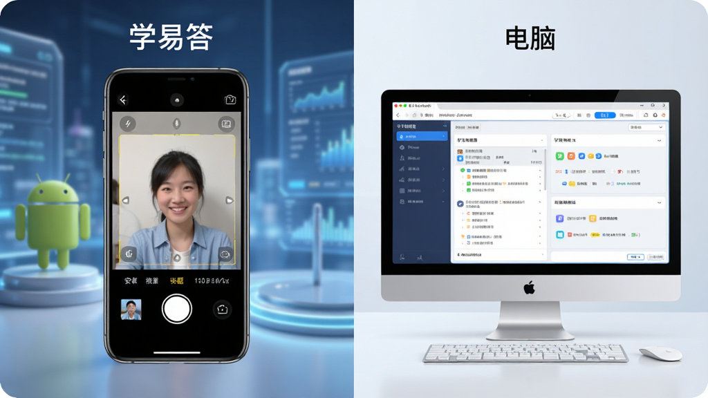 学易答APP在手机和电脑上使用的对比场景图,左侧手机显示拍照搜题,右侧电脑模拟器显示学习报告,背景分屏设计,现代科技风格,细节有“安卓”“电脑”标识,画质清晰干净,无多余元素