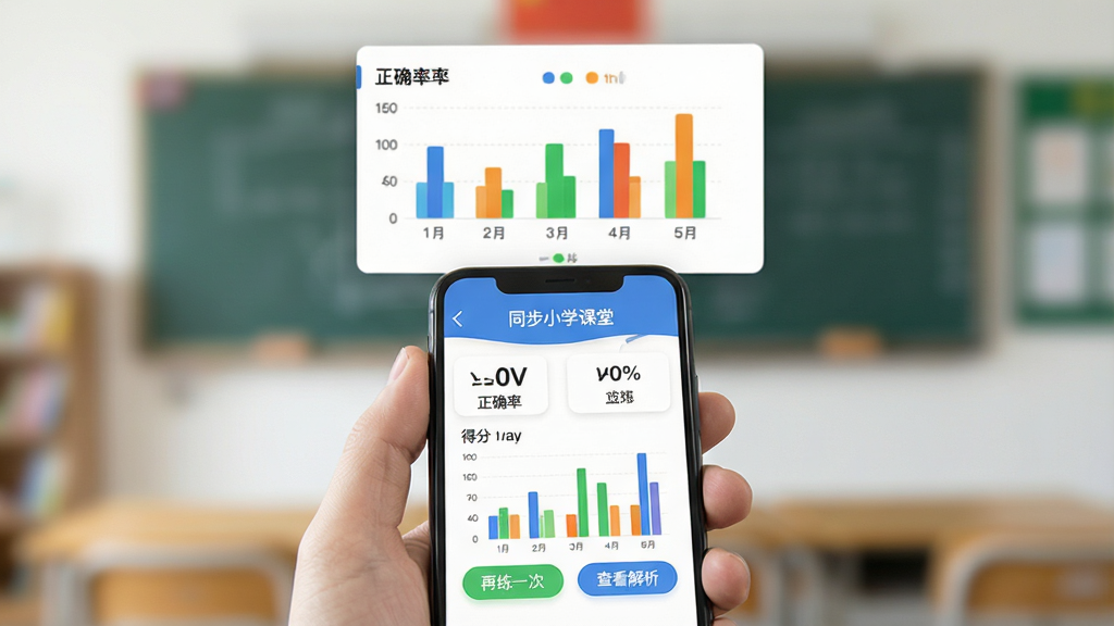 ���壺һֻ�����������ֻ�����Ļ���ǡ�ͬ��Сѧ���á�����ϰ�������ҳ�棬��ʾ�ŵ÷֡���ȷ���Լ�һ����״ͼ�����֣��ֻ�λ�ڻ�������ƫ�£��Ϸ������ŷŴ������ͼ��Ԫ�ء��Ű棺ͼ���·��С�����һ�Ρ��͡��鿴��������ť�����UI��Ʒ�񣬱����黯������ͻ����Ļ���ݡ�ϸ�ڣ�ͼ��ɫ���������ԣ�����ɾ���ˬ�����ʸ��壬�޶���Ԫ�ء�