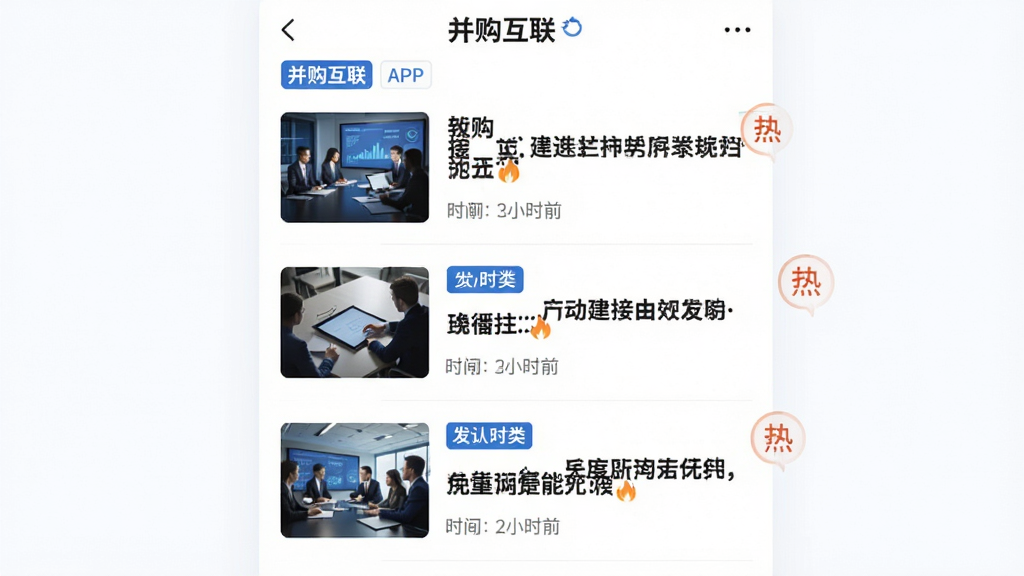 图片主体为“并购互联”APP的资讯信息流界面截图,采用列表布局,每条新闻配有缩略图、加粗标题和发布时间。整体排版简洁清晰,以白色为背景,蓝色作为强调色。画面风格现代扁平化,细节上能看到新闻分类标签和“热”字标识,画质干净,无多余元素。