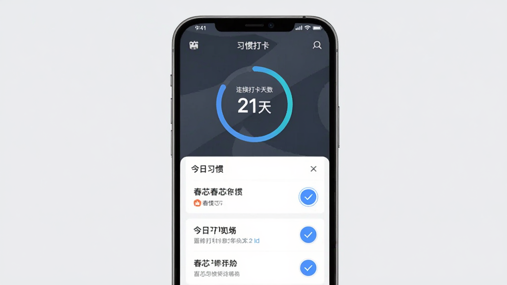 春芯习惯打卡功能预览,主体为手机屏幕显示春芯软件习惯打卡页面,布局为上方进度环显示连续打卡天数“21天”,下方为今日习惯列表,每个习惯右侧有圆形打卡按钮,风格为简约商务风,背景为浅灰色,画质干净无多余元素