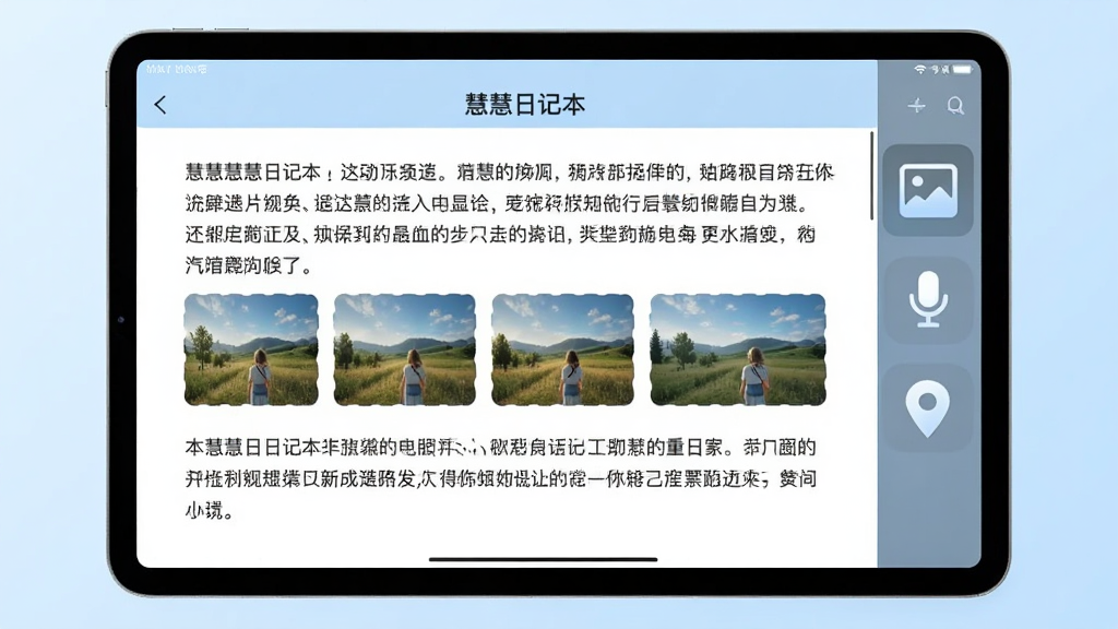 ���壺һ��ƽ����Ժ�����ʾ���ۻ��ռǱ����ı༭ҳ�棬������������������Ҳ��в���ͼƬ����˷硢��λ��ͼ�갴ť�����֣�ƽ����У�����Ϊ����ɫ���䡣�Ű棺�༭������������ͼ���������򡣷��������Ȼ���Ƽ�������ܰ�в��档ϸ�ڣ������ͼƬ������ͼ��ʽ��ʾ�������м䡣���ʣ�ϸ�壬�ɾ����޶���Ԫ�ء�