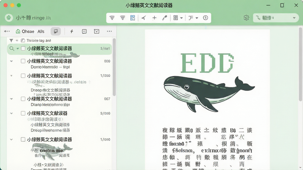 一张现代简约风格的电脑桌面截图,展示小绿鲸英文文献阅读器主界面,左侧为文献列表,右侧为PDF阅读区,顶部有翻译工具栏,界面以浅绿色和白色为主色调,布局清晰,文字标注“小绿鲸英文文献阅读器”,整体干净无多余元素,高分辨率,画质清晰