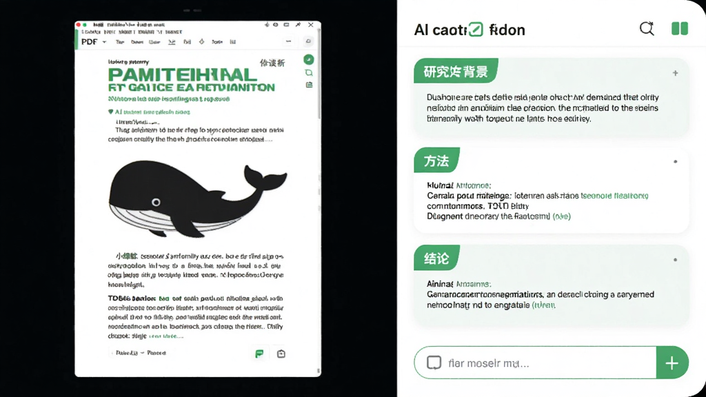 小绿鲸英文文献阅读器的AI解析功能界面,左侧是文献PDF,右侧是AI生成的摘要卡片,包含“研究背景”、“方法”、“结论”等字段,下方有提问输入框,界面以白色和绿色为主,干净简洁,画质高清,无多余元素