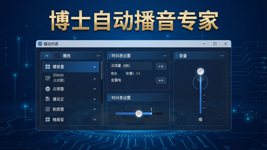 图片展示博士自动播音专家软件主界面,背景为深蓝色科技感渐变,界面中央是一个简洁的控制面板,上方有“博士自动播音专家”金色大字标题,面板内包含播放列表、时间表设置、音量调节等模块,布局清晰,风格现代,细节丰富,画质高清干净,无多余元素