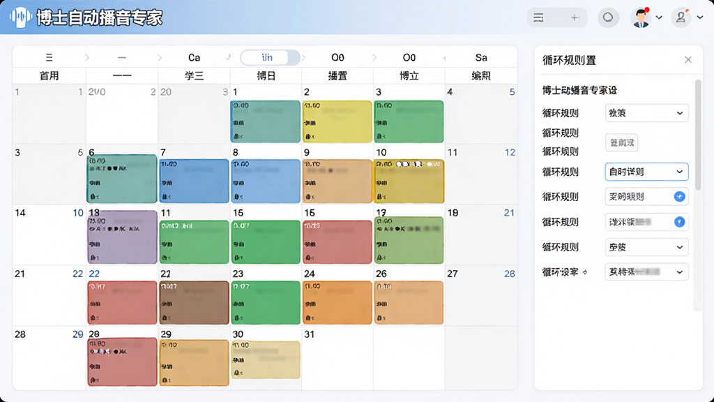 展示博士自动播音专家的定时任务编排界面,界面以日历视图展示,不同时间段用不同颜色色块标注,右侧有详细的循环规则设置选项,整体风格清爽,扁平化设计,有“博士自动播音专家”标识,布局合理,画质清晰,无多余元素