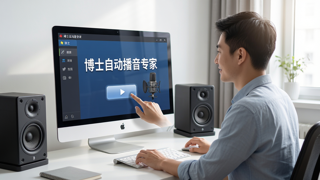 展示用户正在电脑前操作博士自动播音专家的场景,屏幕上是软件主界面,用户手指点击播放按钮,桌面整洁,周围有音箱设备,画面明亮写实风格,突出“博士自动播音专家”软件名称,画质清晰,细节丰富,无多余元素