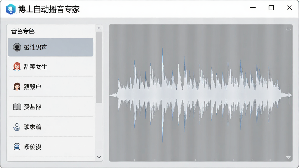 展示博士自动播音专家的语音库选择界面,左侧为音色列表,包含“磁性男声”、“甜美女生”等选项,右侧为波形预览区,整体采用浅灰色商务风格,界面干净整洁,有“博士自动播音专家”品牌标识,画质清晰,细节精致,无多余元素