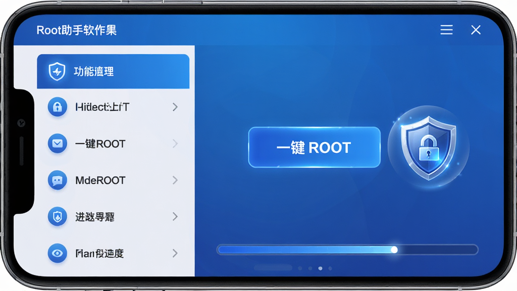 主体:Root助手软件界面,手机屏幕显示一键ROOT按钮,旁边有盾牌图标。布局:左侧为功能列表,右侧为操作区域,下方有进度条。排版:简洁现代,信息层级分明。风格:科技感,蓝色为主色调,辅以白色和灰色。细节:图标带有微光效,字体清晰,背景为渐变蓝。画质:高清,干净,无多余元素
