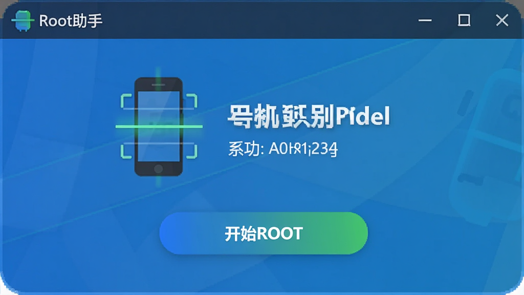 主体:Root助手软件界面,显示手机型号识别成功页面。布局:居中显示手机型号和系统版本,下方有“开始ROOT”按钮。排版:简洁直观,图标化展示。风格:扁平化设计,蓝色与绿色点缀。细节:手机图标带有扫描线,按钮有渐变效果。画质:高清,干净,无多余元素