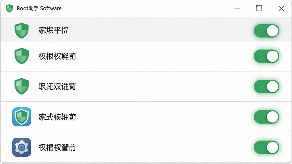 主体:Root助手软件界面,展示权限管理列表。布局:列表式排列,每个应用右侧有开关按钮。排版:清晰易读,状态颜色区分。风格:简约商务风,白色背景配灰色分割线。细节:权限图标为绿色盾牌,开关带有滑行动画。画质:高清,干净,无多余元素