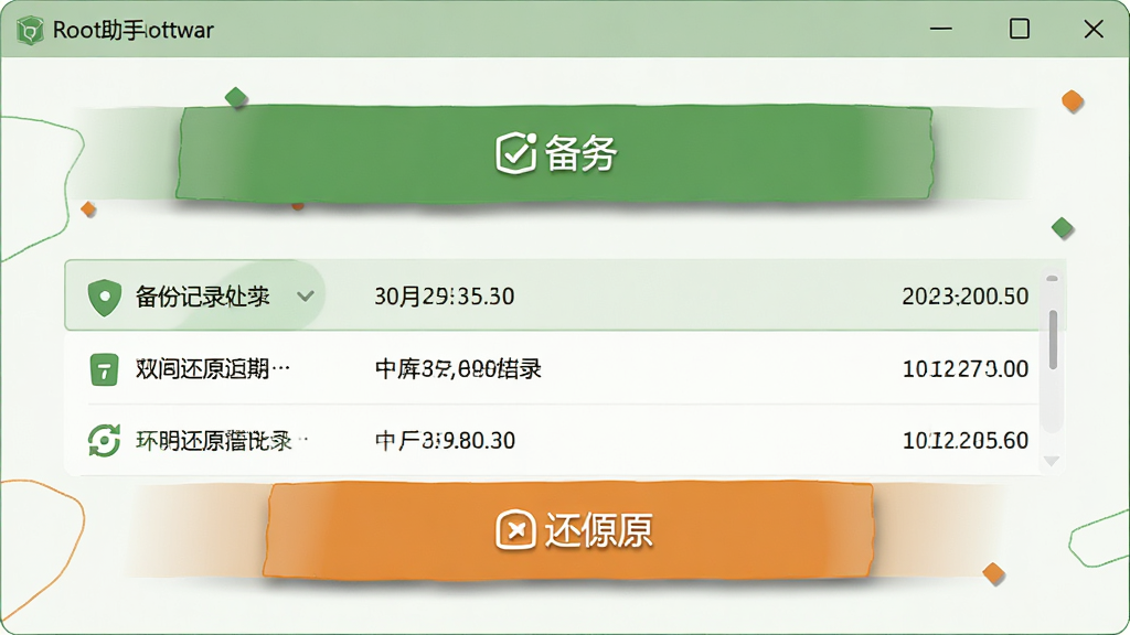 主体:Root助手软件界面,显示备份与还原功能页。布局:上方备份按钮,下方还原按钮,中间有备份记录列表。排版:左右对称,按钮醒目。风格:浅色背景,绿色与橙色点缀。细节:备份记录带有时间戳,按钮有阴影效果。画质:高清,干净,无多余元素