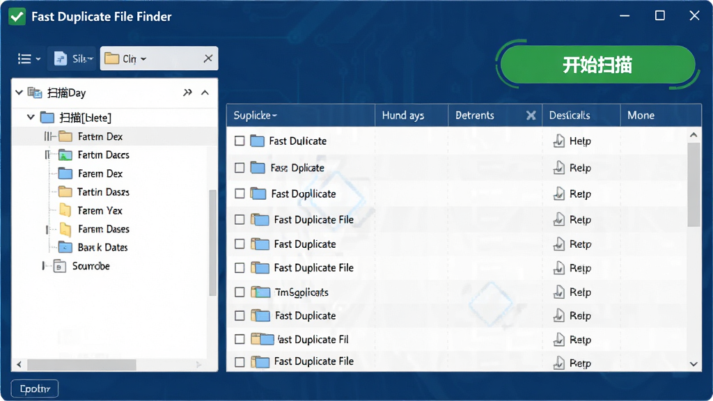 ��������չʾһ����Ϊ��Fast Duplicate File Finder�������������棬�����������ɫ���ɫ������ִ�������Ϊɨ��Ŀ¼�����Ҳ�Ϊ�ظ��ļ��б�����������Ŀ����ɫ����ʼɨ�衱��ť�����岼���������Ƽ���ʮ�㣬���ʸ��壬�ɾ��޶���Ԫ��
