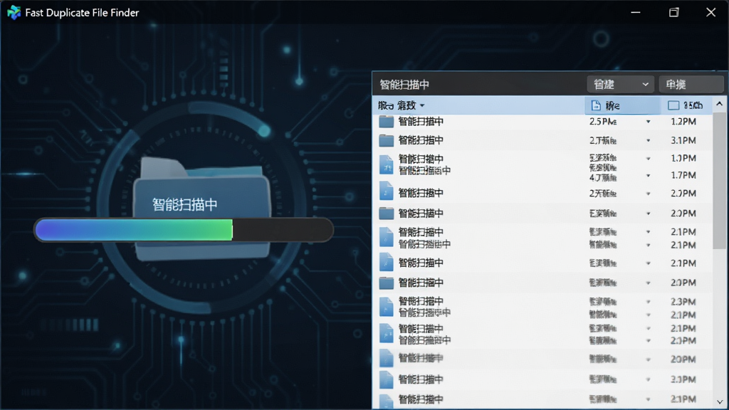 չʾFast Duplicate File Finder�������ڸ���ɨ���ļ��Ľ��棬��Ļ���ж�̬���������ļ��б����ٹ���������Ϊ��ɫ�Ƽ��з�񣬽���Ԫ�����������ֱ�ע������ɨ���С�������ϸ�壬�ɾ��޶���Ԫ��