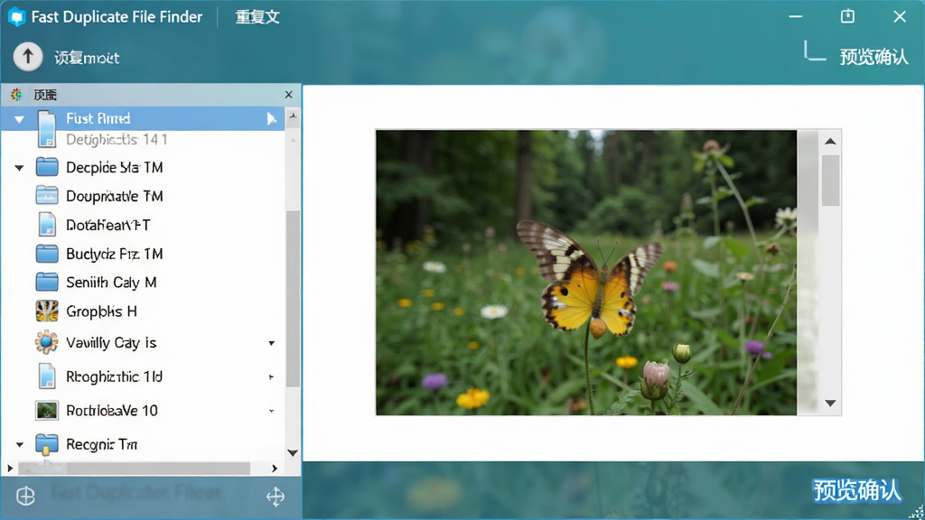 չʾFast Duplicate File Finder���ظ��ļ�Ԥ�����棬���Ϊ�ļ��б����Ҳ�ΪͼƬԤ�����򣬽������Լ��ɫ�����������ֱ�ע��Ԥ��ȷ�ϡ��������������ɾ��޶���Ԫ��