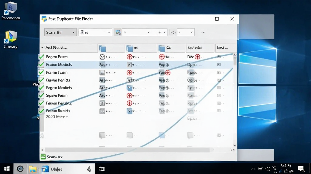 չʾFast Duplicate File Finder�ڵ��Զ�����ʱ�Ľ�ͼ����������ʾɨ�����б�������ɫ��ѡ�ͺ�ɫɾ����ǣ�����ΪWindows���棬���дʵ�������������ɾ��޶���Ԫ��