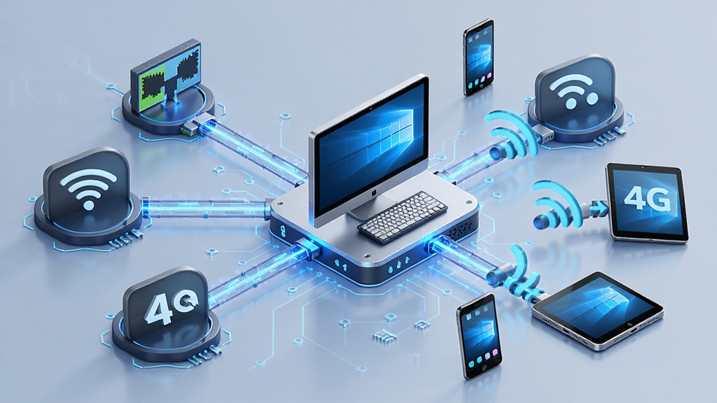 Connectify���������Ž�ģʽʾ��ͼ��չʾ��̫����Wi-Fi��4G�ȶ�������Դͼ�꣬���ӵ�����ĵ����豸��������Χ�ֻ���ƽ����豸���������źţ������������Ű����򣬷��Ƽ��У�ϸ�ڷḻ�����ʸ��壬�޶���Ԫ��