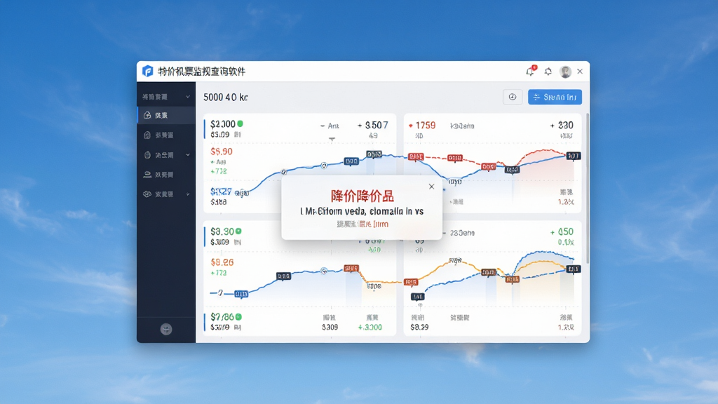 主体为特价机票监视查询软件界面悬浮在蓝色天空背景中,界面显示多条航线价格曲线与降价提醒弹窗,布局采用居中构图,界面细节清晰,风格现代简洁,画质高清干净,无多余元素