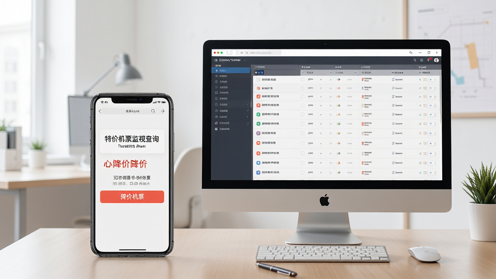 特价机票监视查询软件在手机与电脑上同步运行的场景,手机放在桌面,屏幕显示降价通知,电脑屏幕显示监控列表,背景为简约办公环境,构图平衡,风格写实,画质清晰干净