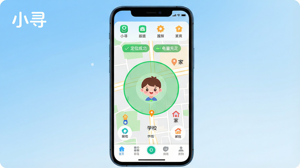 ���壺һ�������ֻ���ĻչʾСѰApp�����棬����������ʾ��ͯ�ֱ���ʵʱ��λ��ͼ����ͼ����һ���ɰ��Ŀ�ͨ��ͯͷ����Χ����ɫ��ȫ����ԲȦ�����֣��ֻ����У���Ļ���������ɼ�������Ϊǳ��ɫ���䣬���Ͻ��С�СѰ��Ʒ��Logo���Ű棺����Ԫ�ؼ�࣬����ͼ���������룬�ײ���������������񣺱�ƽ����ƣ�ɫ�����죬�Ƽ�������ܰ�в��档ϸ�ڣ���Ļ����ʾ����λ�ɹ��������������㡱��С��ǩ����ͼ����ʾ��ѧУ�������ҡ��ȵص��ע�����ʣ�������Ⱦ���ɾ��޶���Ԫ�ء�