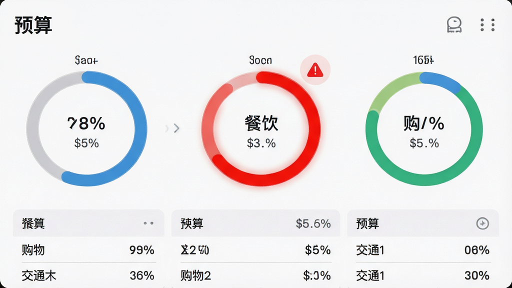 主体:MoneyWiz软件预算管理功能截图,屏幕上显示多个环形进度条,分别标注“餐饮”、“购物”、“交通”等类别,其中“餐饮”进度条已满并显示红色警告。布局:多环形图并排,下方对应详细数据列表。排版:简洁清晰,颜色区分明显。风格:现代财务管理风格,浅色背景。细节:界面有“预算”标题,数字以美元显示,进度条带百分比。画质:高清细节丰富,无多余元素。