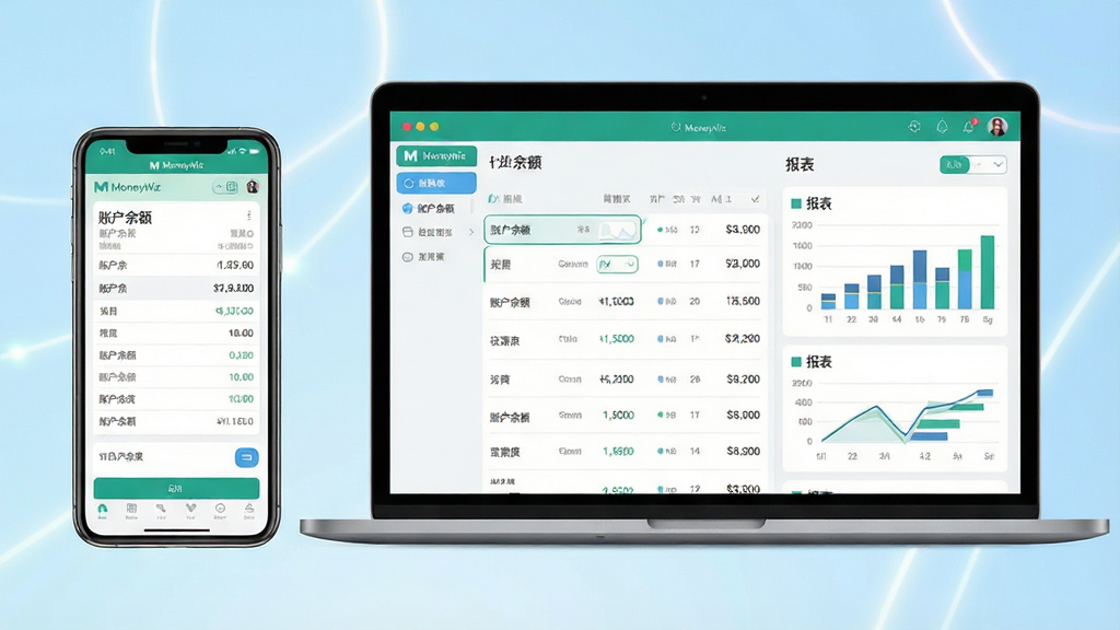 主体:一台智能手机和一台笔记本电脑并排,屏幕上同时显示MoneyWiz软件的账目列表界面。布局:左右对称,手机在左,电脑在右。排版:清晰展示两种设备的界面差异。风格:现代科技风,背景为浅蓝色渐变。细节:手机屏幕上有“账户余额”字样,电脑屏幕上有“报表”图表。画质:高清渲染,无多余元素。