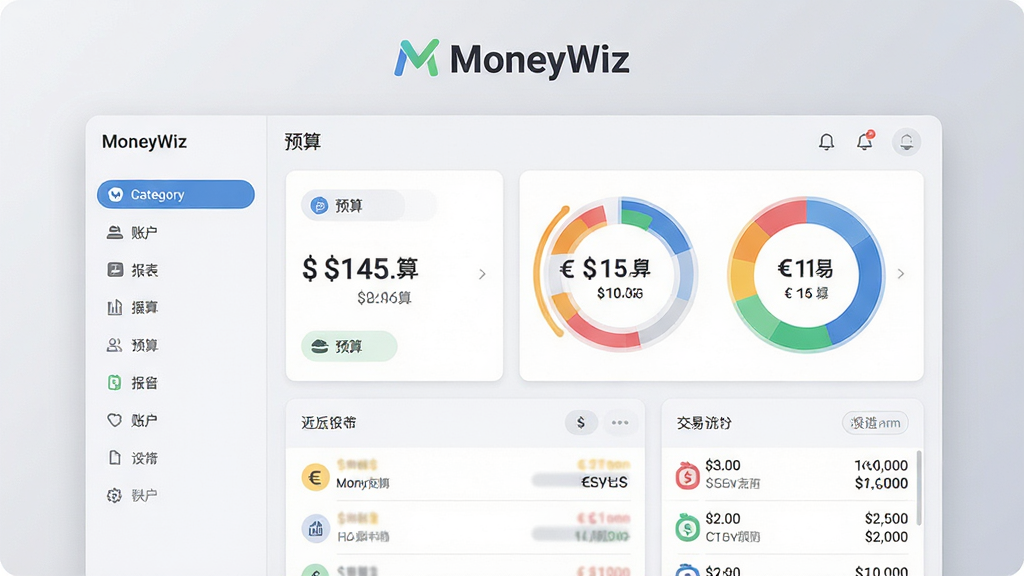 主体:MoneyWiz软件主界面,展示一个现代简约的财务仪表盘,左侧有分类菜单,右侧显示彩色环形统计图和最近交易列表。布局:居中构图,界面元素清晰排列,上方有软件名称“MoneyWiz”Logo。排版:扁平化设计,卡片式模块,信息层级分明。风格:科技感与清爽感结合,背景为浅灰色渐变。细节:屏幕上显示美元、欧元等货币符号,数字清晰可读,有“预算”、“账户”、“报表”等标签。画质:高清渲染,干净无多余元素。