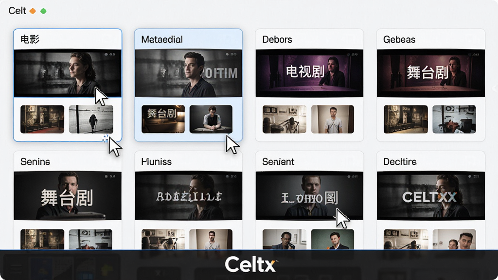 ��������ΪCeltx����ģ��ѡ����棬��ʾ���־籾���Ϳ�Ƭ���У���Ӱ�����Ӿ硢��̨��ȣ��������ͣ����Ч�����������񻯣�����������죬ϸ�ڰ���ģ�����ƺ�Ԥ������ͼ�����ʸɾ��޶���Ԫ�أ��ײ��С�Celtx��logo