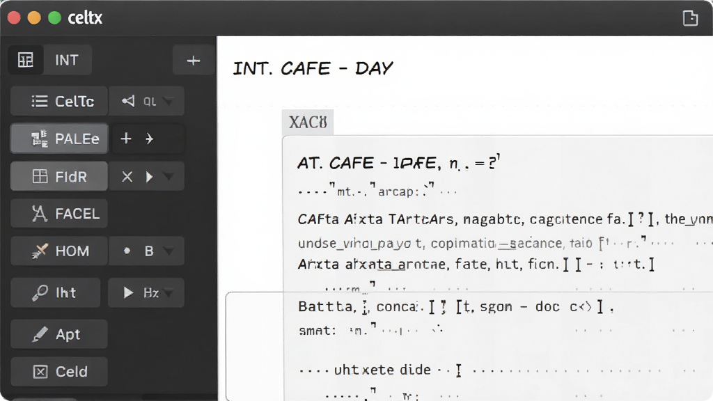 ��������ΪCeltx�����о籾��ʽ�༭������д��ͼ����ʾ�������⡰INT. CAFE - DAY���ͽ�ɫ�Ի��飬��๤����������ʽѡ��ť���������������ɾ�רҵ��ϸ��ͻ��������ͱ���Զ�����Ч�������ʸ����޶���Ԫ�أ�������Celtx�������ʶ
