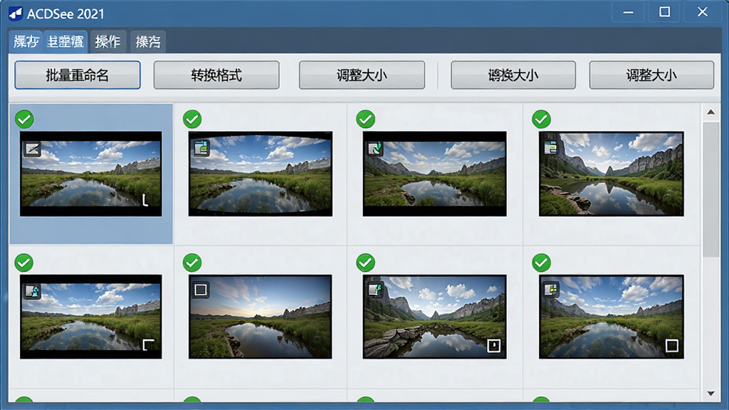 主体:ACDSee 2021 批量处理操作面板,显示多张图片同时应用统一调整;布局:居中构图,面板上方显示操作选项,下方为图片队列;排版:列表式排列,每张图片左上角显示处理状态图标;风格:实用主义风格,界面配色以蓝灰为主;细节:按钮文字“批量重命名”、“转换格式”、“调整大小”清晰可见;画质:高分辨率,干净,无多余元素。