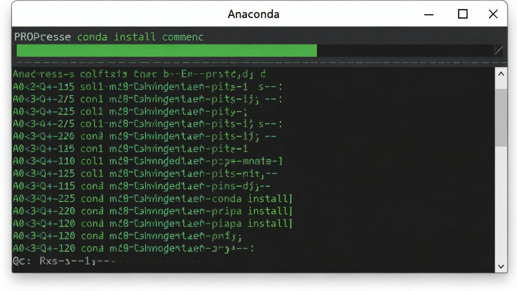Anaconda命令行窗口运行conda install命令,窗口显示进度条和安装日志,背景为深色终端,字体绿色,界面简洁,画质清晰,无多余元素