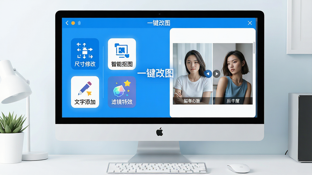 一张现代简约风格的电脑桌面场景,屏幕中显示“一键改图”软件主界面,界面左侧有“尺寸修改”“智能抠图”“文字添加”“滤镜特效”四个醒目图标,右侧展示一张处理前后的对比照片,色调明亮,蓝色与白色为主,干净无多余元素,画质高清,文字“一键改图”清晰可见,整体布局对称,风格扁平化,细节丰富,突出便捷与高效。