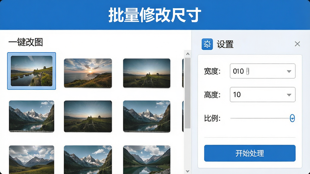 一张“一键改图”批量处理功能界面,左侧为图片列表缩略图,右侧为尺寸设置面板,包含“宽度”“高度”“比例”选项,底部显示“开始处理”按钮,界面风格简洁,蓝白配色,图标清晰,整体布局专业,画质干净,文字“批量修改尺寸”显示在顶部,细节丰富。