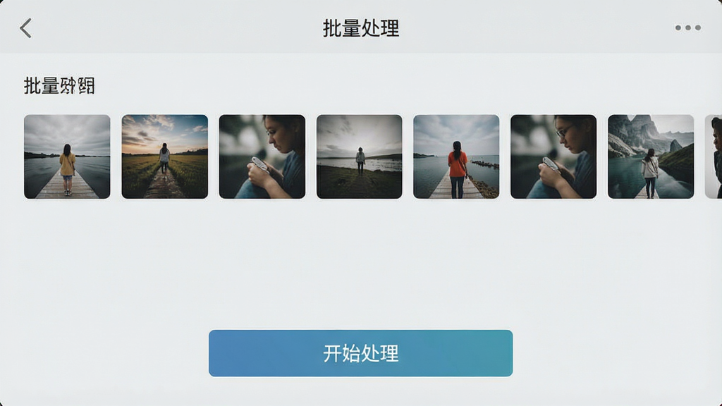 一张“一键改图”手机应用的操作截图,屏幕显示“批量处理”界面,上方有图片缩略图列表,下方有“开始处理”按钮,背景为浅灰色,界面简洁,文字清晰,画质干净,无多余元素。