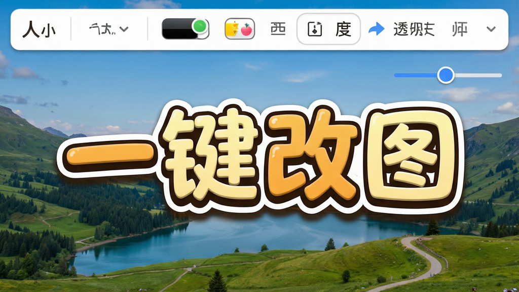 一张“一键改图”文字编辑界面,背景为一张风景照片,照片中央添加了醒目的艺术字“一键改图”,字体为圆润的卡通风格,有阴影和描边效果,周围有工具栏显示字体大小、颜色、透明度调节选项,界面布局紧凑,风格活泼,画质清晰,无多余元素。