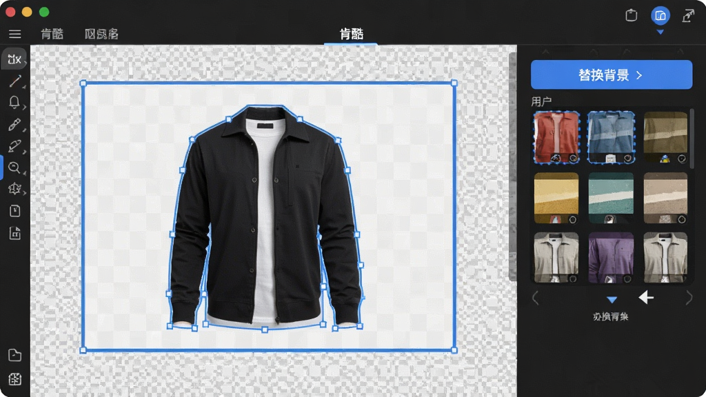 չʾ�Ͽ��������һ����ͼ���ܵĲ������棬������һ����ƷͼƬ�����屻�Զ�ѡ�в�������ߣ�������Ϊ͸�������Ҳ��С��滻��������ť���û�����󵯳����ֱ���ɫ�壬������ֱ�ۣ���������������������ϸ�ڷḻ���޶���Ԫ��