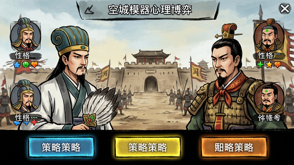 空城计模拟器心理博弈界面,显示诸葛亮与司马懿对峙画面,武将头像旁有性格标签与情绪图标,下方三个策略按钮高亮,背景是古代战场,UI设计简洁,手绘风格,色彩鲜明,画质清晰