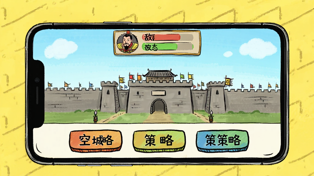 空城计模拟器移动端操作界面,手机竖屏展示,下方三个策略按钮,上方显示敌将状态,界面简洁,手绘风格,色彩明亮,画质清晰