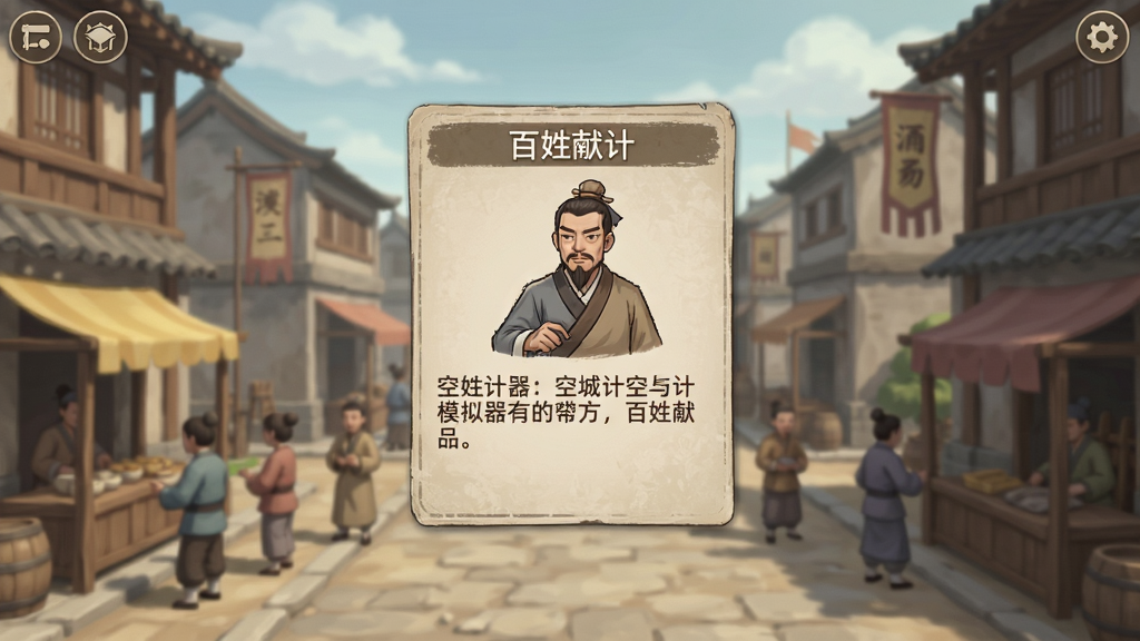 空城计模拟器随机事件弹窗截图,画面中央显示“百姓献计”事件卡,卡片上有百姓人物立绘与文字描述,背景为城内街道,整体UI风格统一,色彩柔和,细节丰富,画质高清