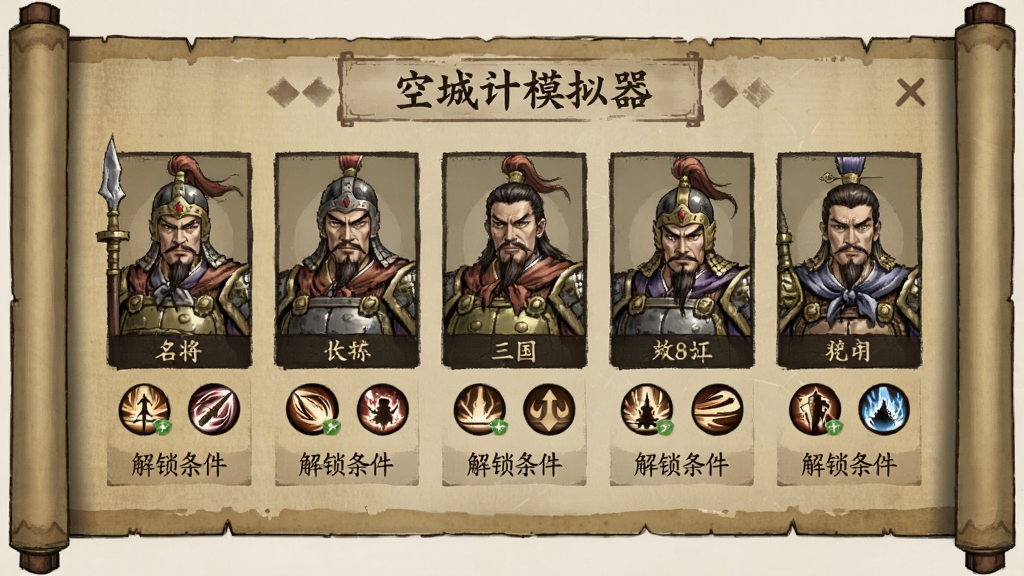 空城计模拟器名将收集界面,以图鉴形式展示三国武将立绘,每个武将下方有技能图标与解锁条件,背景为古朴卷轴风格,手绘笔触细腻,色彩古朴典雅,画质清晰