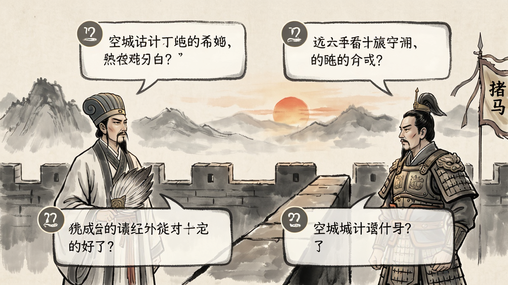 空城计模拟器古风剧情对话场景,诸葛亮与司马懿隔城墙对望,对话框内显示幽默对白,背景有远山与落日,整体画面意境深远,水墨风格,色彩淡雅,画质高清