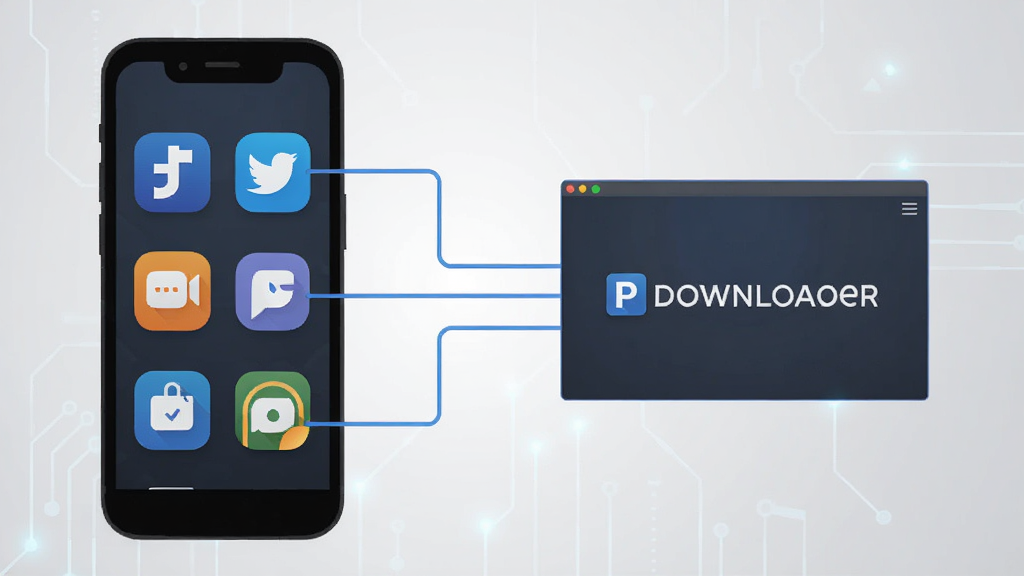 PDownloader��ƽ̨��������ʾ��ͼ������չʾ�ֻ���Ļ�ж���罻APPͼ�꣬�м����������ӵ�PDownloader���棬����Ϊǳ��ɫ�Ƽ��н��䣬��ͼ������ȷ���Ű�����������ƽ�������ʸɾ�