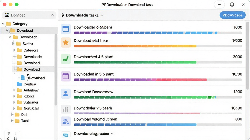 PDownloader�������ع������棬չʾ�����������ͬʱ���У���������ɫ��ʾ������з����ļ�����״ͼ������UI������ɫ���⣬�Ű����룬ϸ�����������ʸߣ��޶���Ԫ��